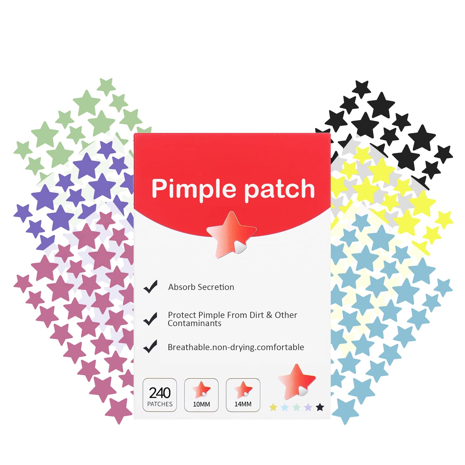 Waspot Pimple Patches for Face, Cute Star Zit Covers, Stars Hydrocolloid, For Sensitive Skin, with Tea Tree, Salicylic Acid & Cica Oil (10&12&14mm) 240 Count