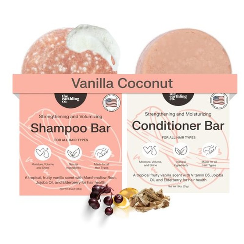 The Earthling Co. Volumizing Shampoo & Conditioner Bar Set For Thickening, Fullness, Strength, and Growth - Sulfate, SIlicone, Paraben Free for Thin, Flat, Fine Hair - Made in USA (Vanilla Coconut)