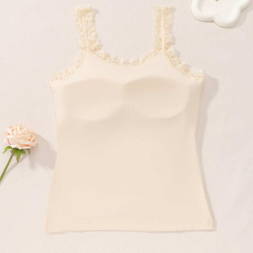 Paghcb Summer Tank Tops for Women with Built in Bra Sexy Lace Trim Padded Camisole Slim Fit Self Bra Cami Shirt Layering Tees
