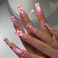 OCTOSWAVE French Press on Nails Long Square Fake Nails Pink Artificial Nail with 3D Flowers Charm Stick on Nail for Women 24pcs