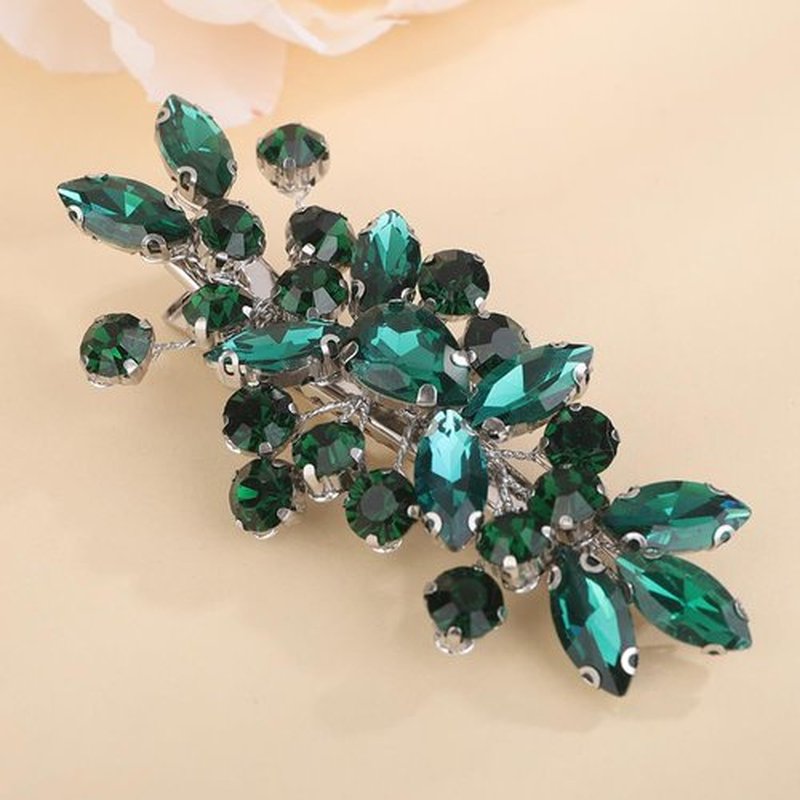 Teyglen Green Rhinestone Hair Clip Bridal Crystal Hair Barrette for Women Sparkly Hair Piece Wedding Hair Clips Hair Accessories for Women (Peacock green)