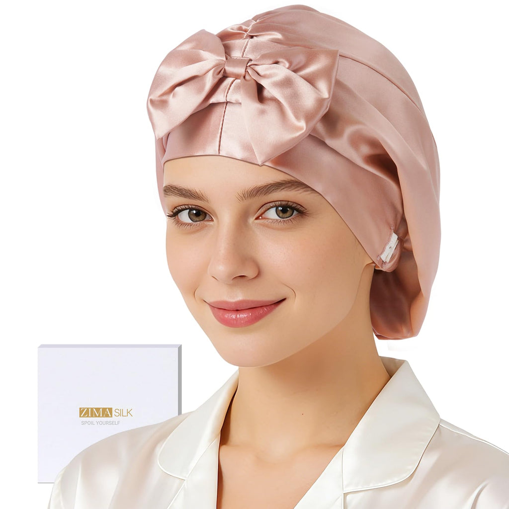 ZIMASILK 22 Momme Adjustable 100% Pure Mulberry Silk Bonnet for Sleeping Women, Double-Layered Silk Hair Bonnet for Anti-Frizz & Hair Protection – Reduces Slipping (1Pc, Blush Pink)