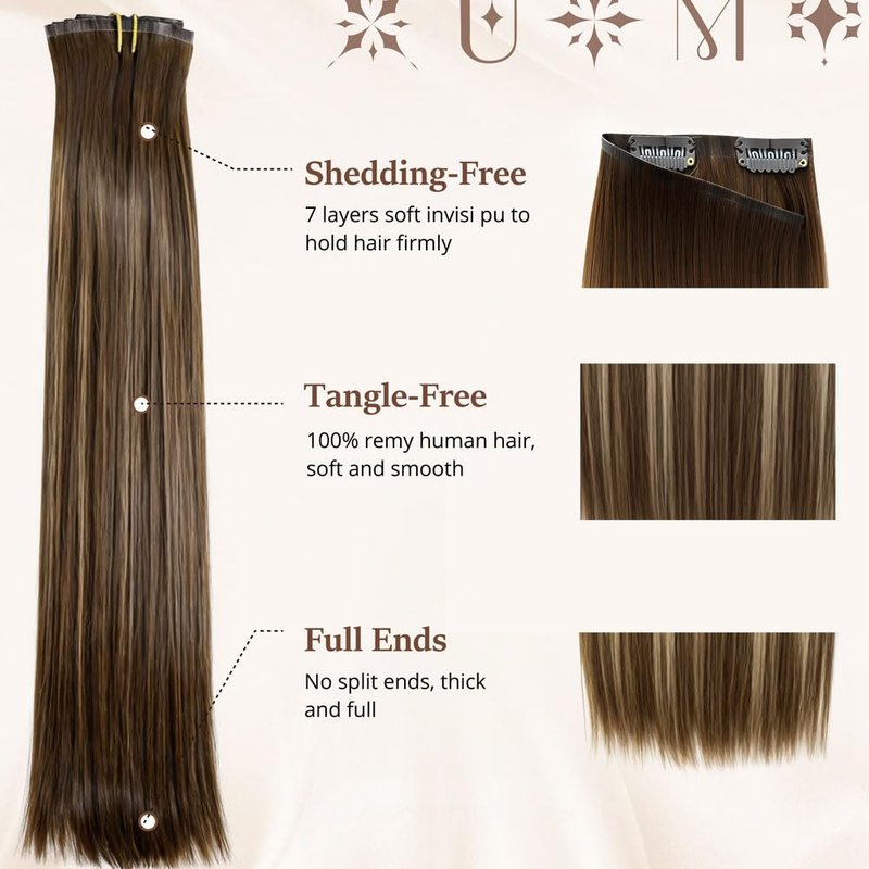 uMuse Seamless Clip In Hair Extensions Real Remy Human Hair, 18 Inch 120g 8pcs, Invisible PU Skin Weft, Balayage Chocolate Brown to Caramel Blonde, Straight Hair for Add Volume&Natural Blend