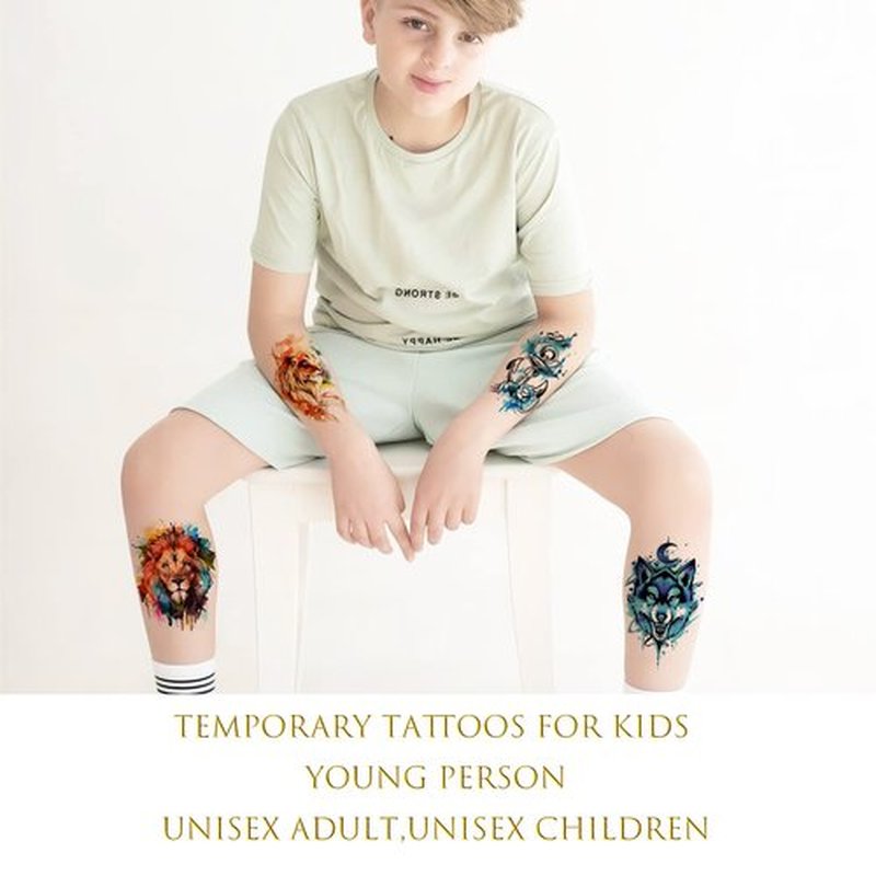 48 Watercolor temporary tattoos for adult and kids,Arm tattoo, body tattoo, watercolor lion wolf mermaid cat tiger,waterproof temporary tattoos realistic for women girls and kids, colourful