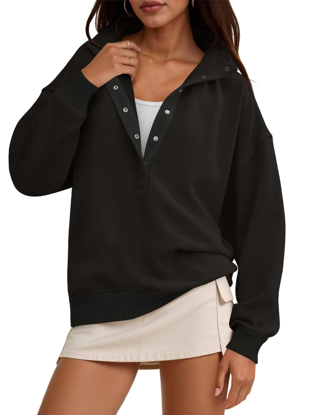 Fisoew Womens Oversized Sweatshirts Casual Long Sleeve Snap Button Henley Neck Loose Fit Fall Pullover Tops