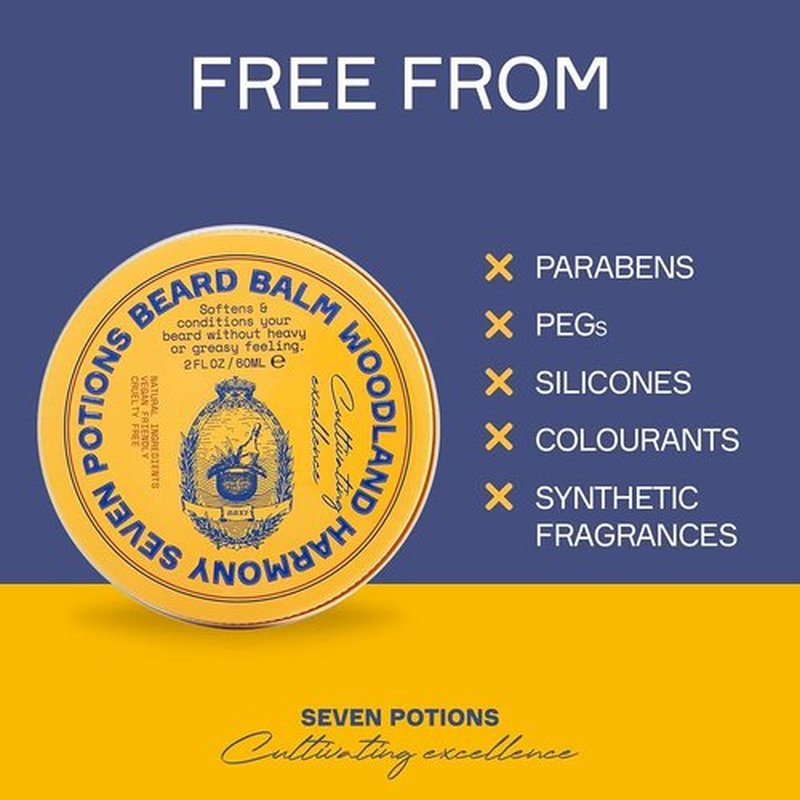 Seven Potions Beard Balm - 100% Natural Softener with Jojoba Oil for Nourished, Shiny Beards | 2 oz. Woodland Harmony