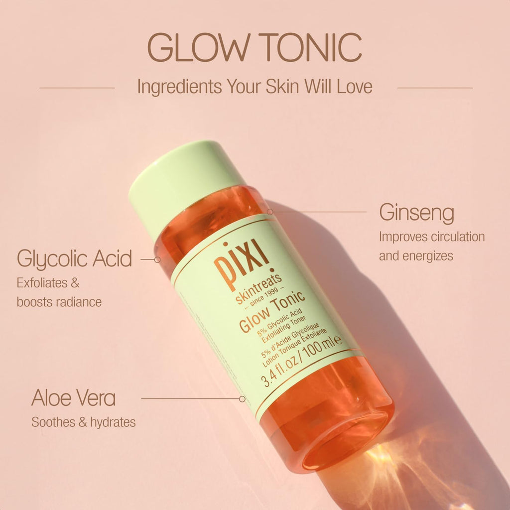 Pixi Glow Tonic Balancing Face Toner Glycolic Acid for Radiant Skin Daily Brightening Toner (3.4 fl oz / 100 ml)