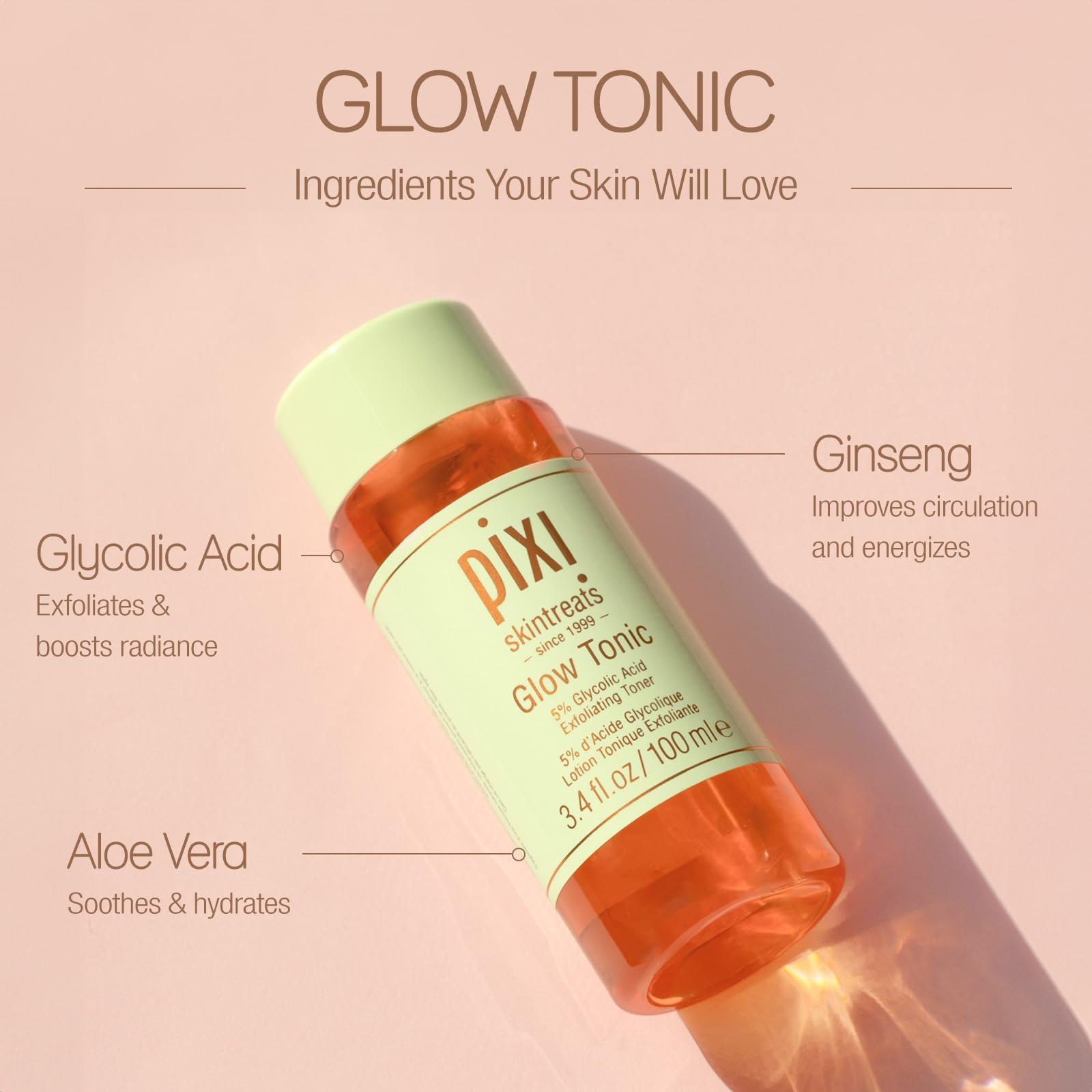 Pixi Glow Tonic Balancing Face Toner Glycolic Acid for Radiant Skin Daily Brightening Toner (3.4 fl oz / 100 ml)