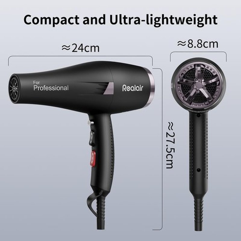 Realair Salon Hair Dryer, Professional Blow Dryer AC Motor Fast Drying with 2 Speed, 3 Heat Setting, Cool Button, with Diffuser, Nozzle, Concentrator Comb for Curly & Straight Hair