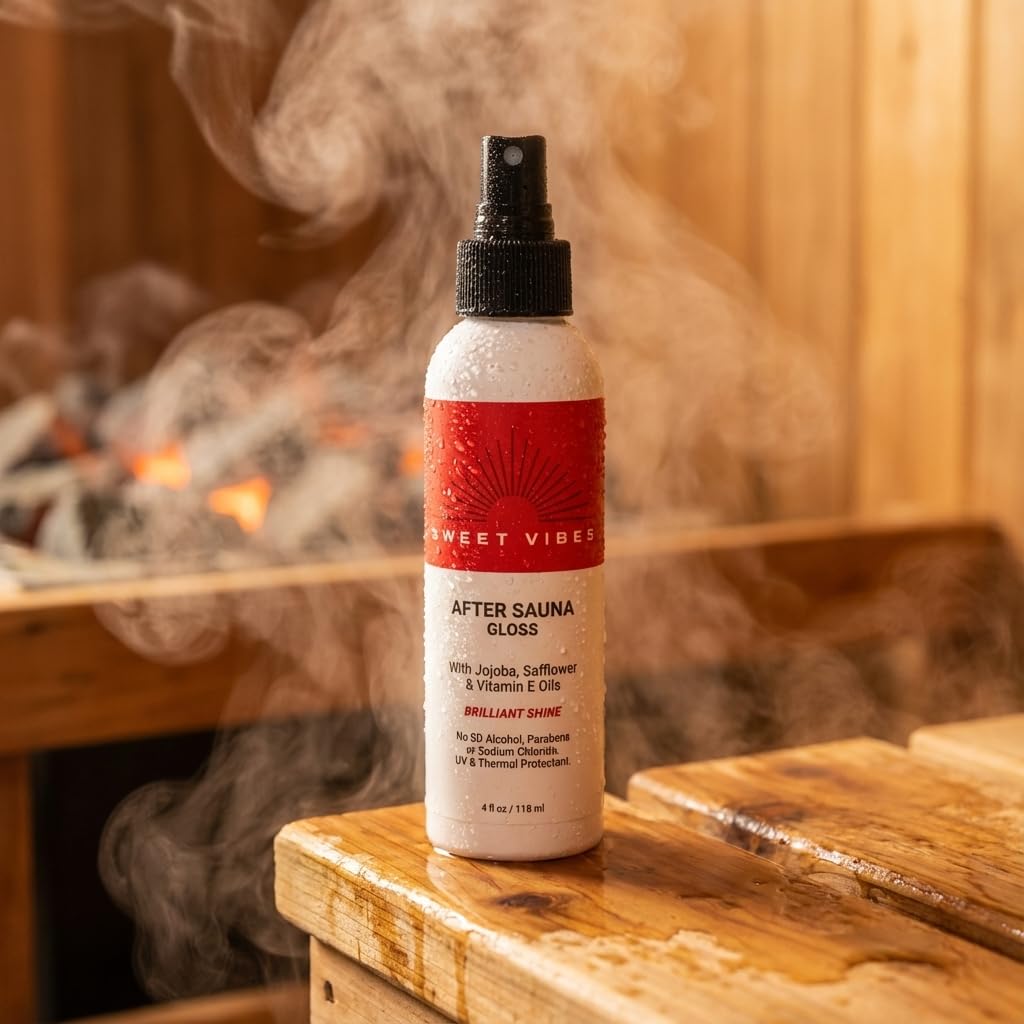 Sweet Vibes After Sauna Gloss – Post Sauna Hair Shine Spray for Women & Men | Hydrating Anti-Frizz Mist, Heat + UV Protection, Clean Nourishing Formula - 4 Fl Oz