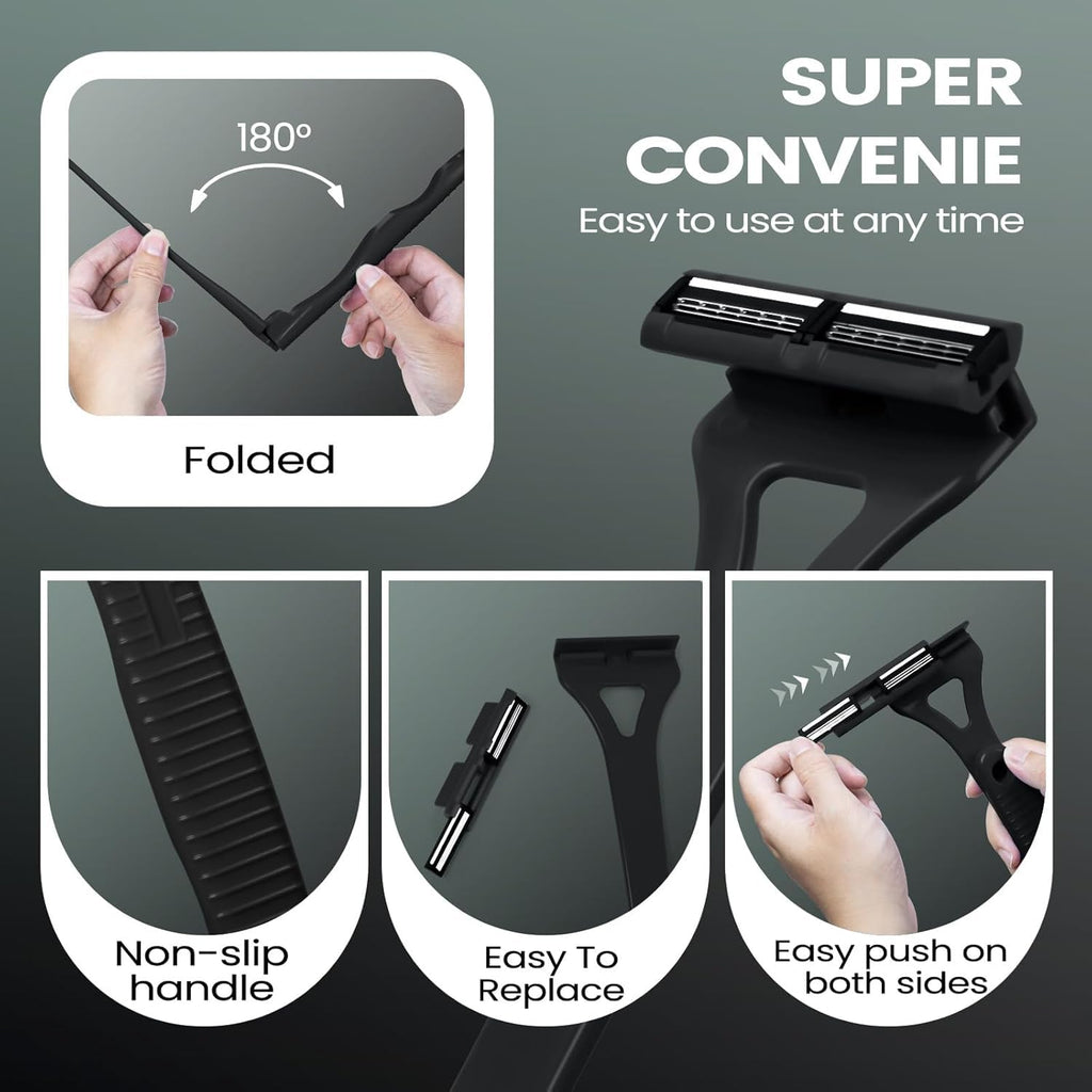 ETbyto Back Shavers for Men with Foldable Long Ergonomic Handle: DIY Hair Shaver, Replaceable Safety Blade & Portable Razor Groomer for Men, Wet & Dry Shaving(8PCS Blades Included)