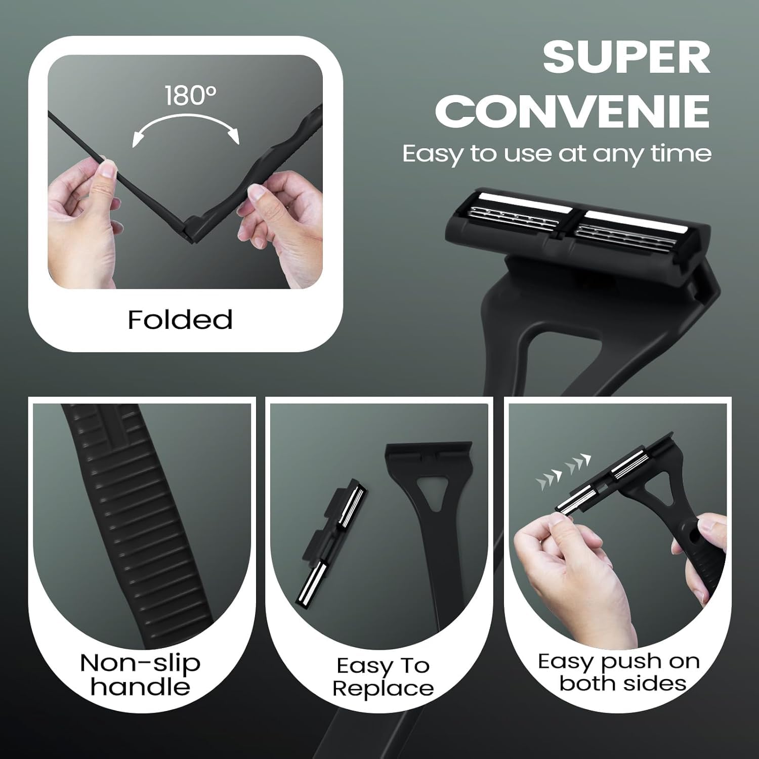 ETbyto Back Shavers for Men with Foldable Long Ergonomic Handle: DIY Hair Shaver, Replaceable Safety Blade & Portable Razor Groomer for Men, Wet & Dry Shaving(8PCS Blades Included)