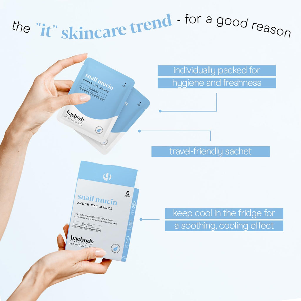 Baebody Advanced Snail Mucin Under Eye Masks (6 Pairs), Under Eye Patches for Puffy Eyes and Dark Circles, Hydrating Under Eye Patches to Reduce Fine Lines, Under Eye Patches Korean Inspired