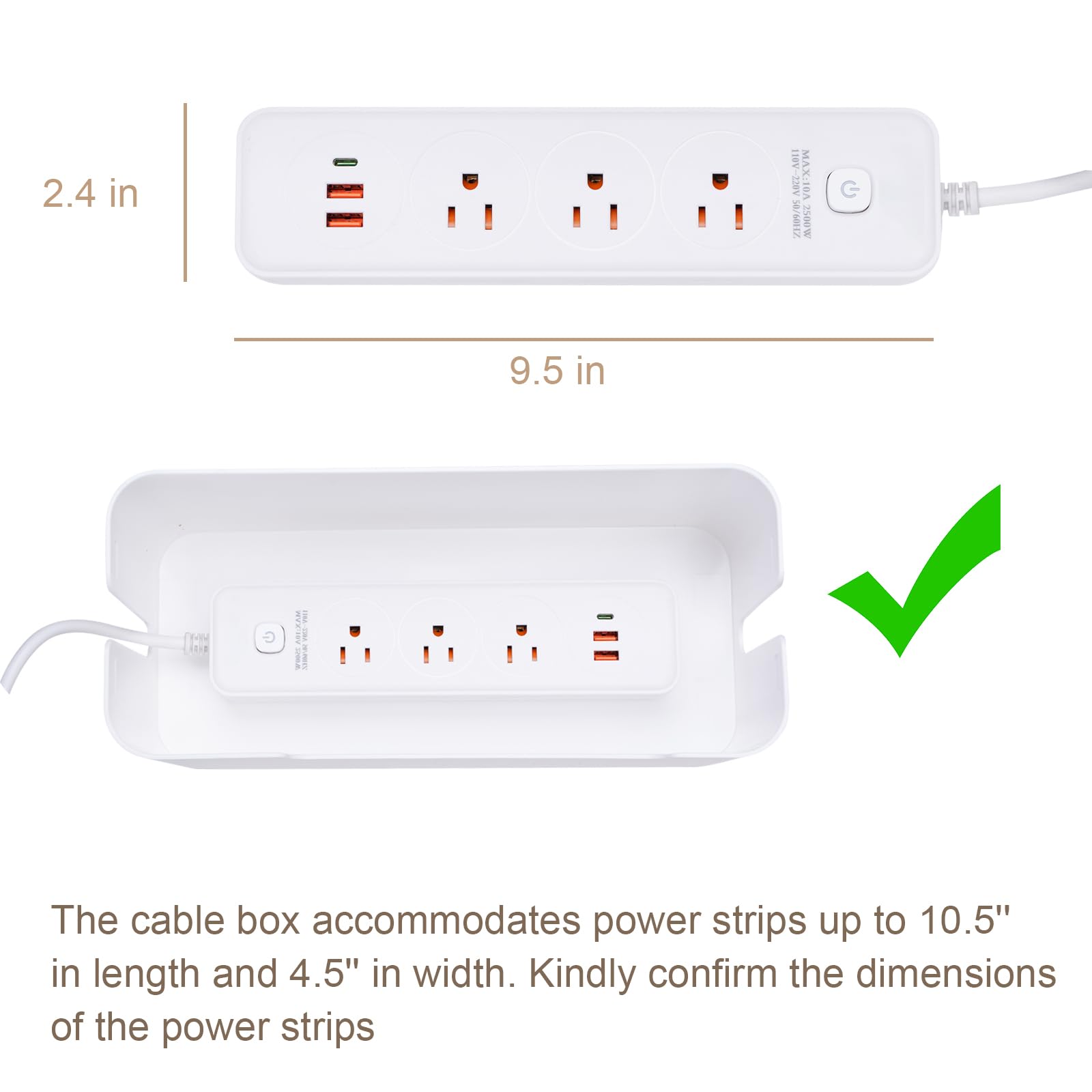 Eichzer Cable Management Box, Premium Cord Organizer Box to Hide Surge Protector on Desk, Power Strip Cover for TV Computer Home Router Office (White)