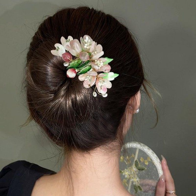 3PCS Handcrafted Cherry Blossom Hair Pins, Pink Floral Wedding Hair Accessories with Pearls, Traditional Chinese Style