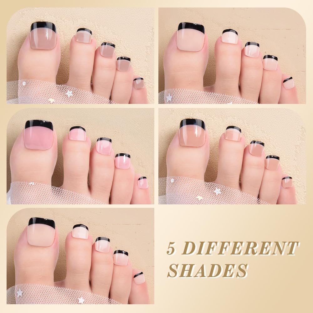 XZMeiLun Black French Tips Press on Toenails Short Square, Real Acrylic Designs Toe Nails Press Ons Set, Artificial False Toenails for Women with Glue/Sticker On Toenails, Fake Toes nail Kit 150Pcs