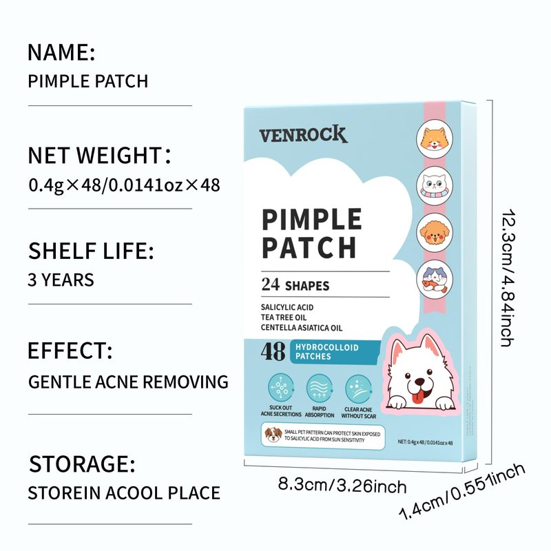 VENROCK Pimple Patches for face,24 Cute Pet Shapes 48 Count Hydrocolloid Acne Treatment for Covering Zits & Blemishes Spot for Kids & Adults, with Salicylic Acid, Tea Tree Oil, Centella Asiatica Oil