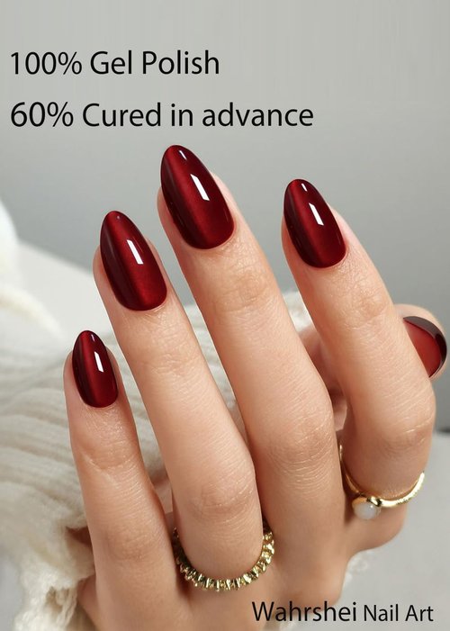 Semi Cured Gel Nail Strips, Burgundy Cat Eye 20pcs Adhesive UV Sticker, Wraps for Home Manicure DIY