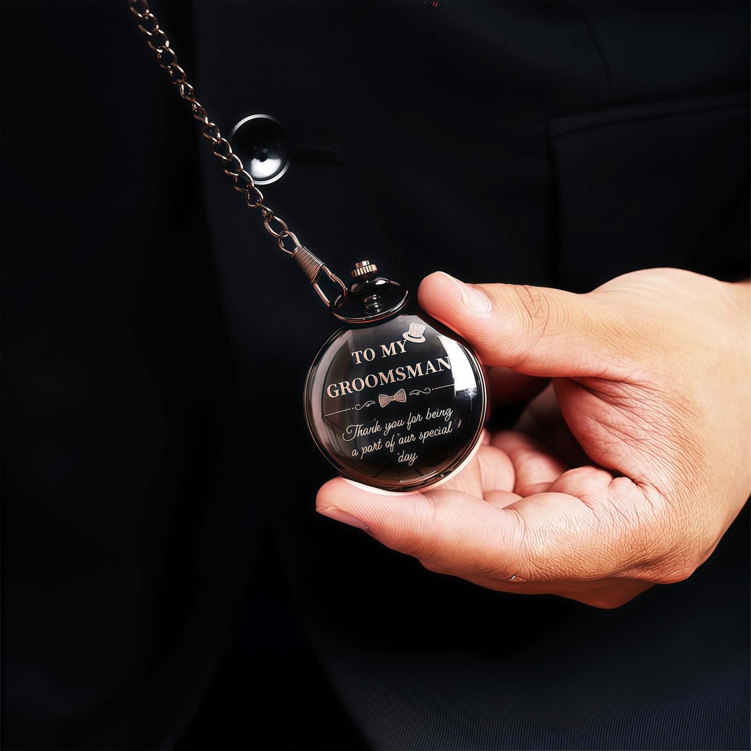 Afcrho Groomsmen Gifts Set of 4 Wedding Engraved Pocket Watch Best Man Roman Numerals Quartz Pocket Watch Wedding with Chain