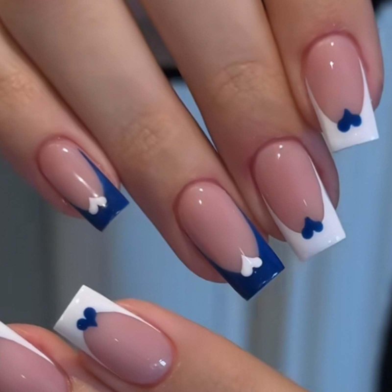 YoYoee Medium French False Nails Nude Square Nails Tips Cute Press on Nails Blue Fake Nails for Women and Girls 24PCS
