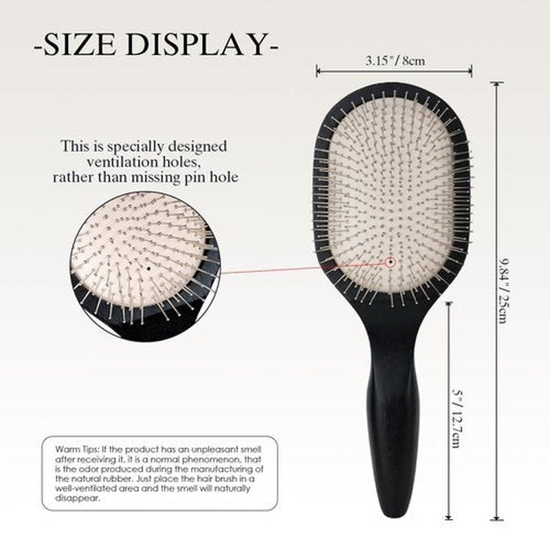 Oak Wooden Hair Brush - Anti-Static Detangler with Metal Bristles for All Hair Types | Black