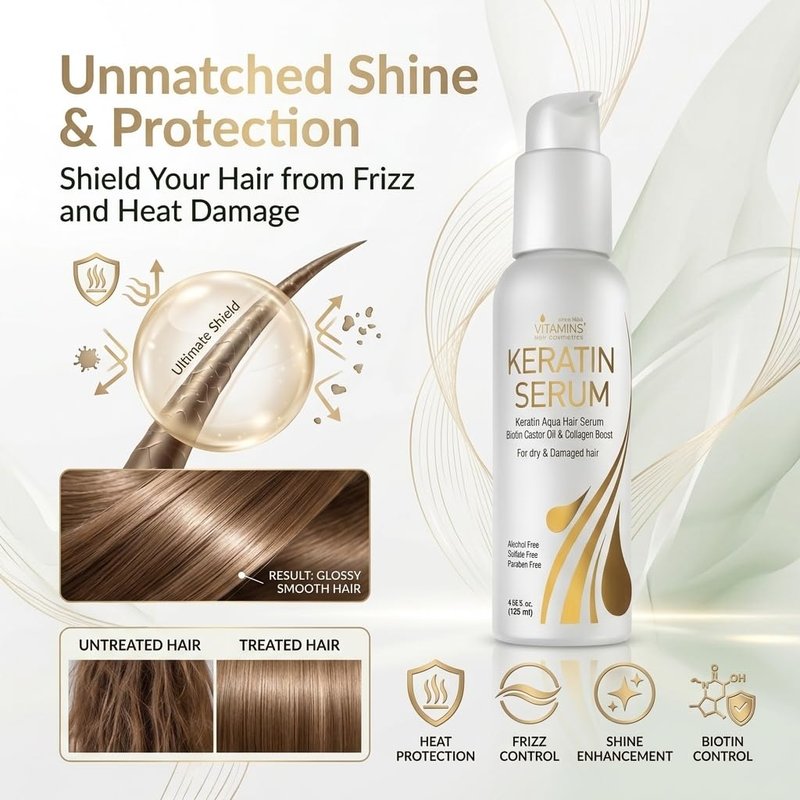 VITAMINS Keratin Hair Serum Oil - Anti-Frizz Treatment for Dry, Damaged Hair with Biotin & Collagen | 4.25 fl oz