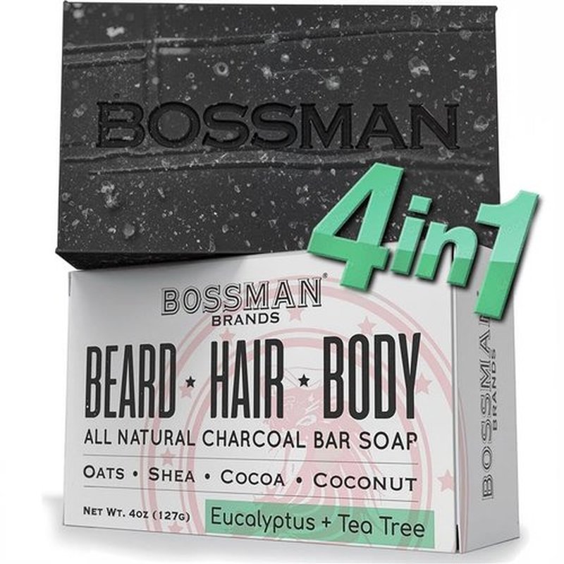 Bossman 4-in-1 Charcoal Soap Bar (4 oz) – Bar Soap for Men – All-Natural Beard Wash, Shampoo, Body Wash & Shaving Solution – Eucalyptus & Tea Tree Scent