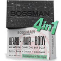 Bossman 4-in-1 Charcoal Soap Bar (4 oz) – Bar Soap for Men – All-Natural Beard Wash, Shampoo, Body Wash & Shaving Solution – Eucalyptus & Tea Tree Scent