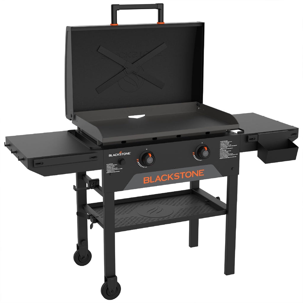 Blackstone Original 28" Griddle, Outdoor Cooking Station with Built-In Hood, Black - Includes Extendable Side Shelves and Caster Wheels