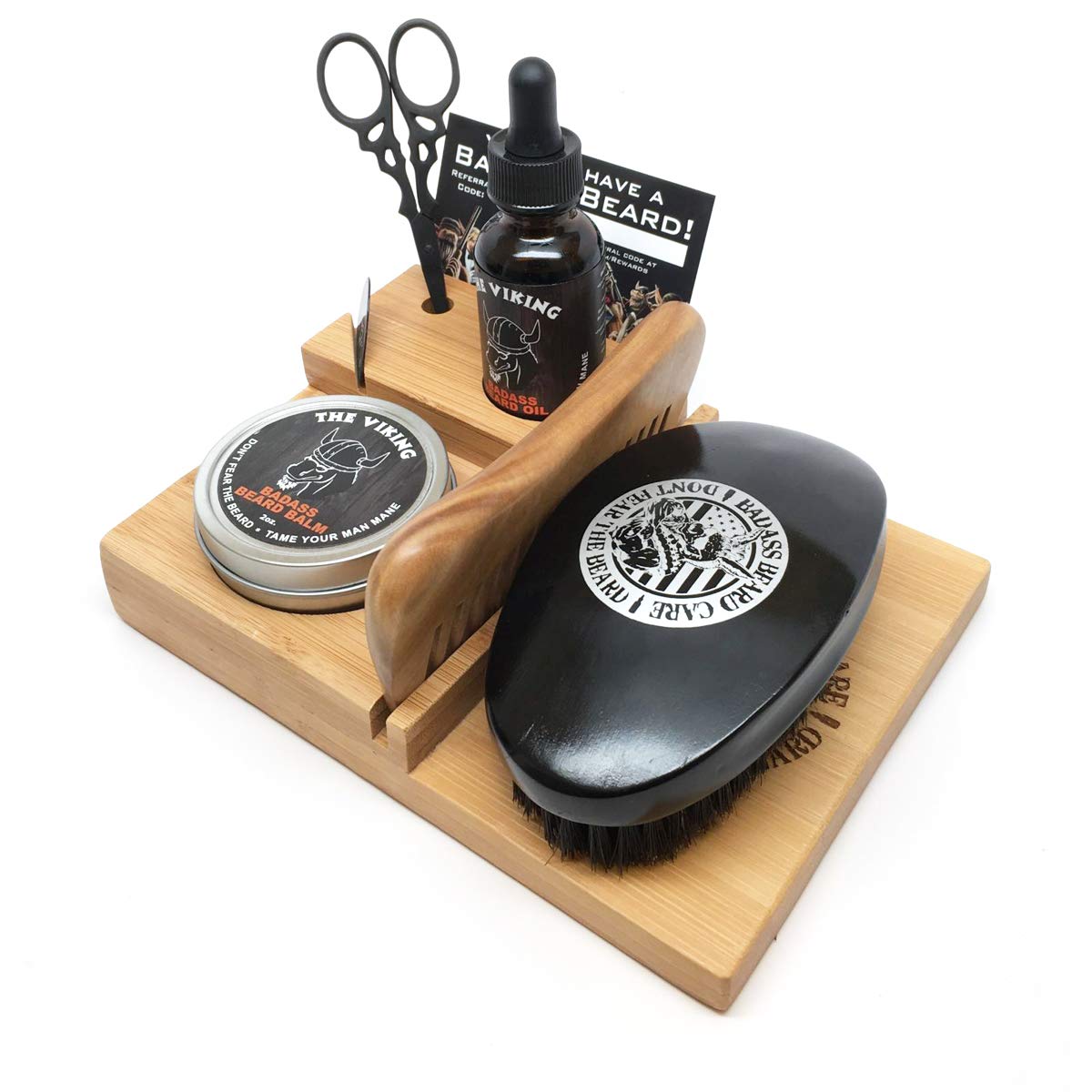 Badass Beard Care The Loaded Full Size Caddy Features Our Handmade, Solid Bamboo - Includes 1oz of Beard Oil, 2oz of Balm or Wax, Comb, Boars Hair Brush & Mustache Scissors of Your Choice