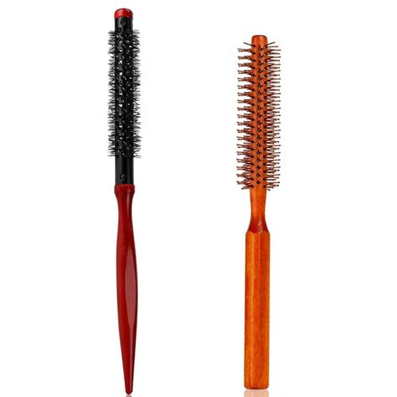 Mini Quiff Roller Brushes, 2 PCS Portable Curling Brushes with Wooden Handle and Nylon Bristles for Blow Drying, Styling Short or Thin Hair