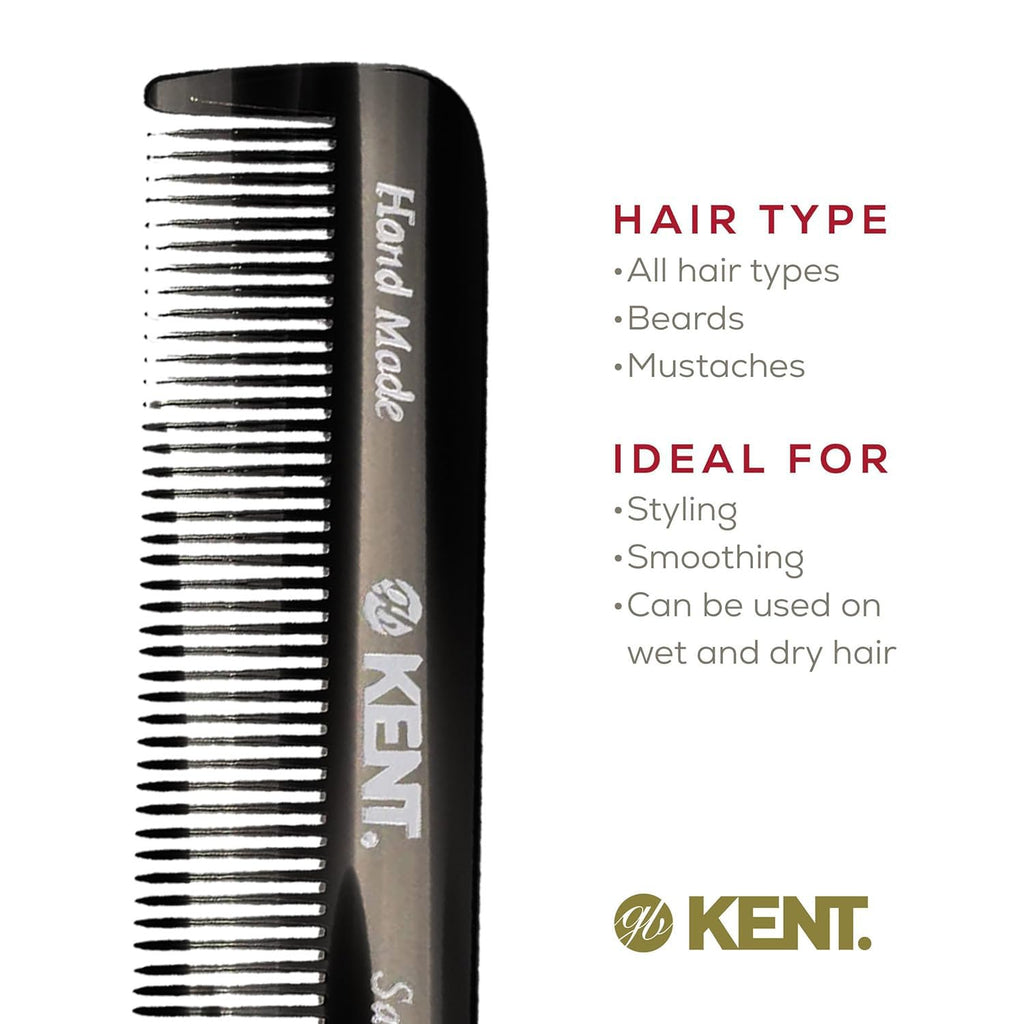 Kent A FOT Handmade Pocket Comb for Men, Women and Kids, All Fine Tooth Hair Comb Straightener for Everyday Grooming and Styling Hair, Beard and Mustache, Saw Cut and Hand Polished, Made in England