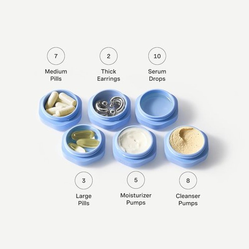 Cadence Travel Containers Basic Skincare Set - Magnetic Lids & Carry-On Essentials for Men/Women - 3 Small Capsules (0.56oz) - Cleanser, Moisturizer & Sun-Icon Labels - Pacific