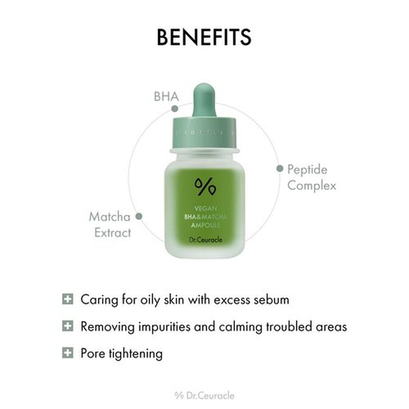 Dr.Ceuracle Vegan BHA & Matcha Ampoule - Gentle Exfoliating Facial Serum, Salicylic Acid for Pores and Sebum Treatment, Korean Skincare for Stocking Stuffers (30ml / 1.01 fl. oz.)