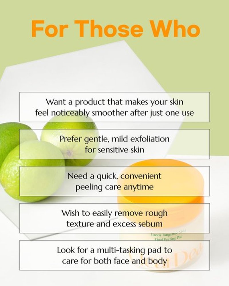 ClearDea Green Tangerine Dual Peeling Pad – Korean Exfoliating Toner Pads with 4HA Complex, Jeju Citrus Vinegar, Oil Control, Dual-Sided Texture, Hydrating & Smoothing, 50 Pads