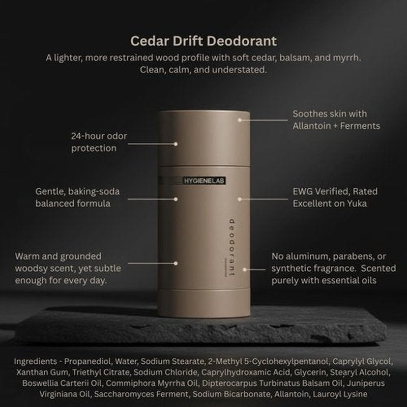 HygieneLab Men's Deodorant - Aluminum-Free, EWG Verified, Non-Toxic Cedar Drift Scent for Sensitive Skin