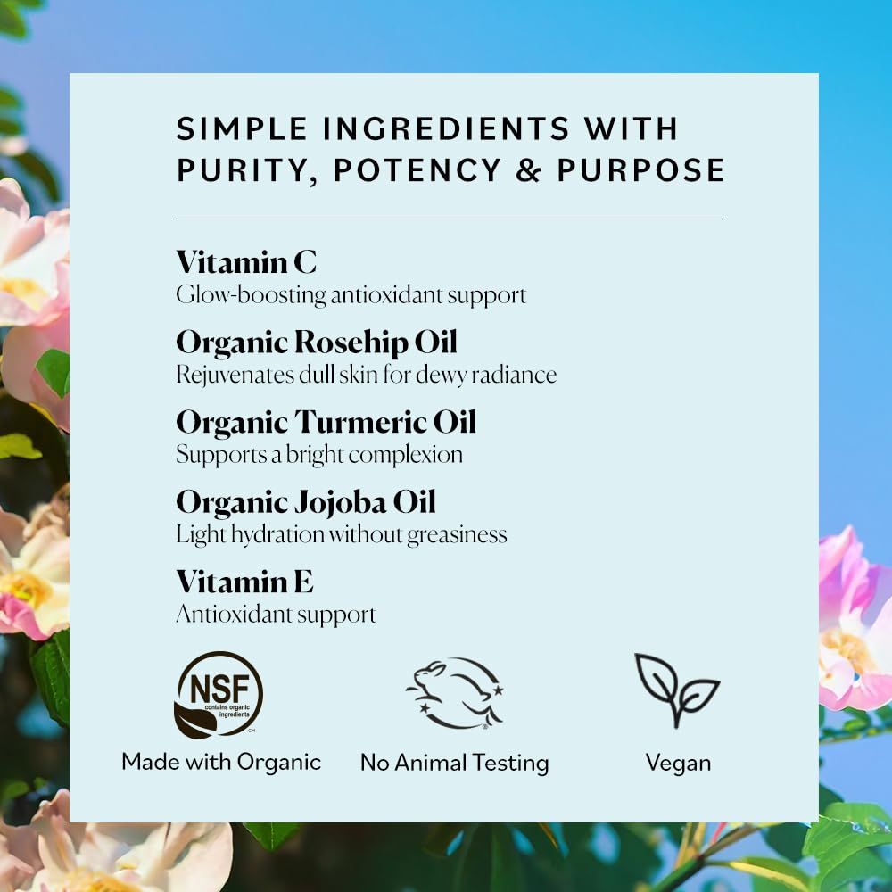 Sky Organics Bright Glow Face Serum,Vintamin C Serum, Helps Rejuvenate Dull Skin, Hydrating, Promotes Brighter-looking Complexion, with Vitamin E, Organic Jojoba Oil & Rosehip Oil, 1 fl oz