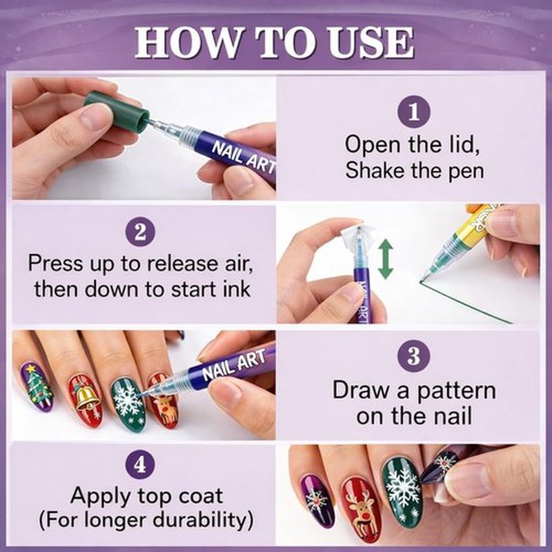 12 Colours Nail Art Markers, Nail Art Pens, Nail Polish Pens Set with Fine Tip, Water-Based Quick Dry Ink for DIY Nail Art, Manicure & Nail Design
