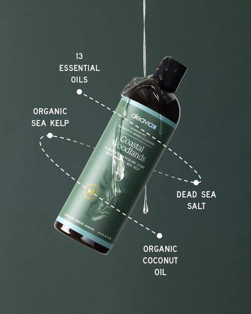 Aleavia Coastal Woodlands Men's Body Cleanse - Organic Prebiotic Body Wash with 13 Essential Oils - 16 Oz.