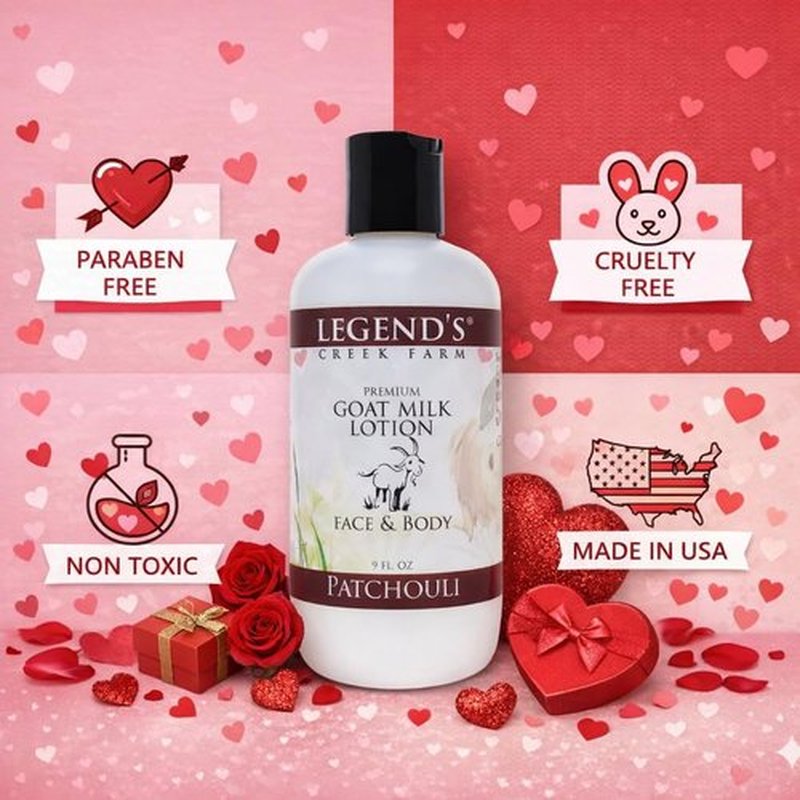 Legend's Creek Farm Goat Milk Lotion - Deeply Moisturizing Body Lotion with Shea Butter & Aloe - 9 oz, Handmade in USA (Patchouli)