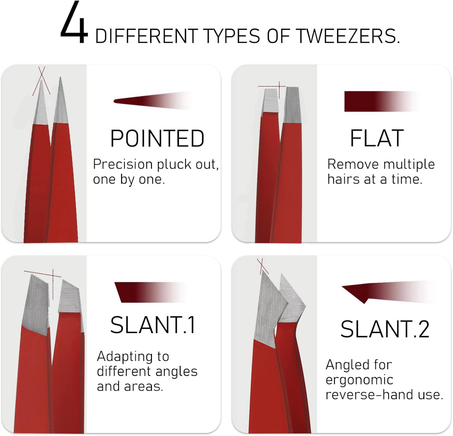 PromaxCare Tweezers Set - Professional Stainless Steel Tweezers for Eyebrows - Great Precision for Facial Hair, Splinter and Ingrown Hair Removal (Red)
