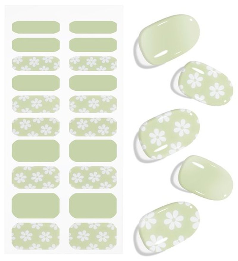 JMEOWIO Gel Nail Stickers White Flower Light Green Semi Cured Gel Nail Strips Wraps UV/LED Nails Art Design Decoration Accessories