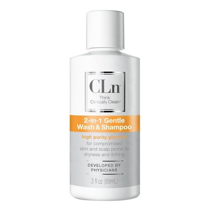 CLn 2-in-1 Gentle Wash & Shampoo - 3 fl oz, Multi Functional Hydrating Body Wash & Clarifying Shampoo for Oily Hair, Scalp Prone to Irritation, Flaking & Itching, Paraben & Fragrance Free Cleanser