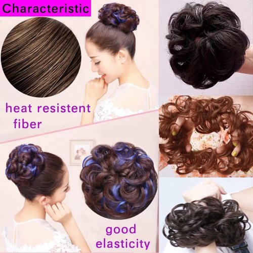 iLUU Dark Brown Highlight with Hot Pink Messy Fake Hair Bun Extensions Instant Synthetic Chignons Hair Scrunchie Scrunchy Updo Hairpiece Ponytail for Women, 2pcs/pack