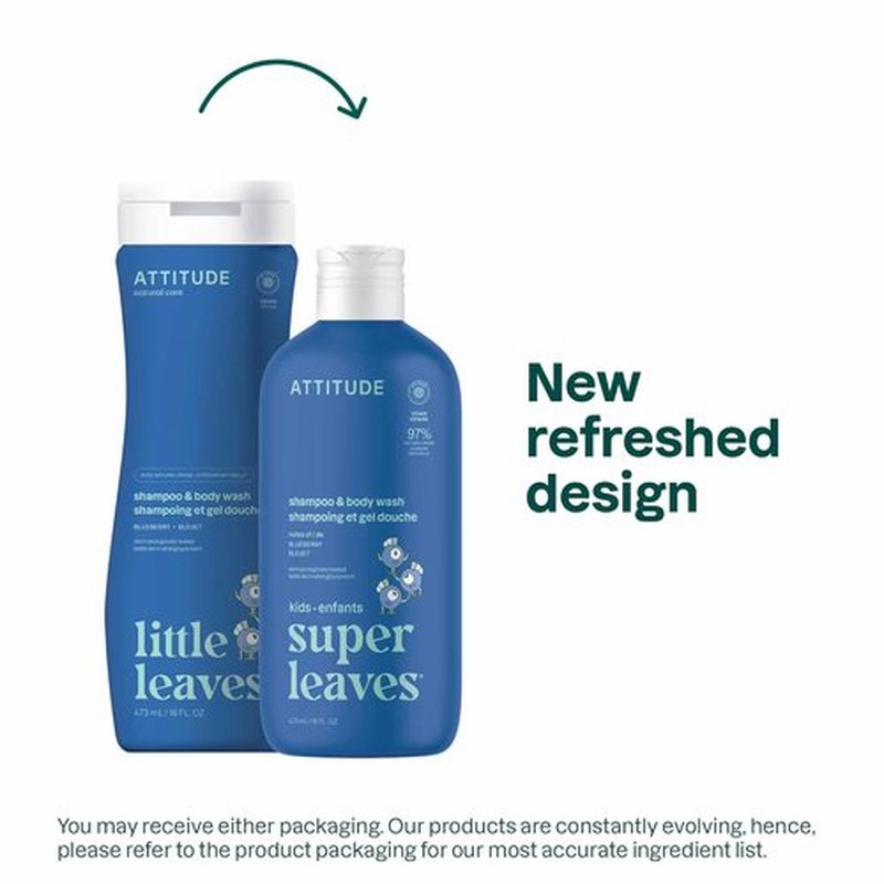 ATTITUDE Kids Shampoo & Body Wash - EWG Verified, Vegan, Plant-Based Cleanser, Blueberry, 16 Fl Oz (Pack of 6)