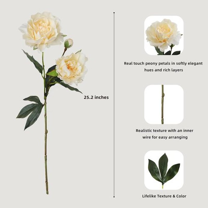 KBREE Artificial Peonies - Lifelike 25.2" Real Touch Flowers, 3 Pcs Cream White Stems for Bouquets & Arrangements