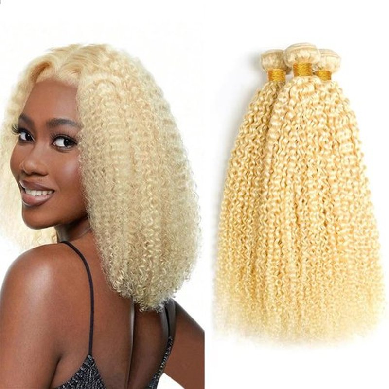 LOIUMGUU Blonde Kinky Curly Human Hair Bundles 613 Kinky Curly Bundles Unprocessed Brazilian Virgin Remy Sew-In Hair Weave 12 14 16 Inch Real Blonde Kinky Curly Hair Weave Soft & Silky Full &Thick