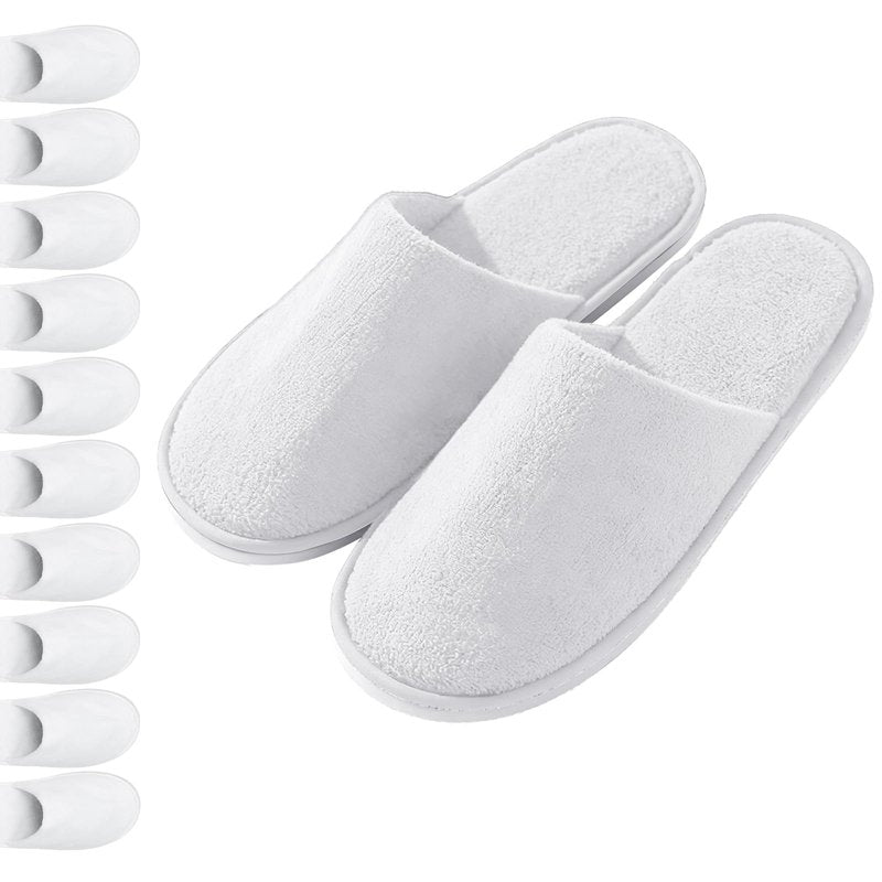 UINOFER 10 Pairs Spa Slippers, Disposable Hotel Cotton Velvet Closed Toe Slippers for Home, Bedroom, Bathroom, Indoor, Hotel or Commercial Use (White, One Size)
