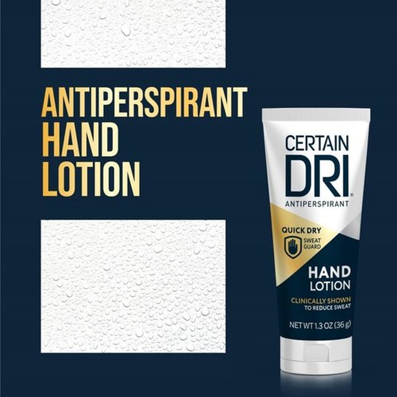 Certain Dri Antiperspirant Hand Lotion, 24-Hour Sweat Protection for Excessive Sweating & Palmar Hyperhidrosis, Fast-Drying, Non-Greasy, Fragrance-Free Formula, Dermatologist-Tested, 1.3 oz