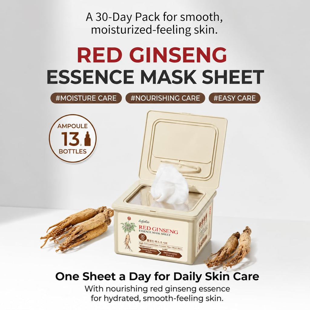 esfolio Made in Korea 30 Sheets Pure Skin Facial Mask – Red Ginseng Essence Hydrating Face Mask for Smooth, Soft, Firm, and Supple Looking Skin – Korean Daily Sheet Mask Skincare Pack